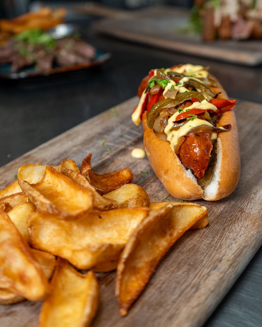 Loaded hot dog with chorizo and fries